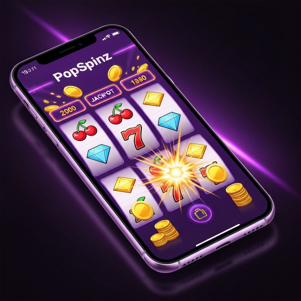 PopSpinz mobile game showing vibrant Vegas-style slot machines with neon purple and gold UI