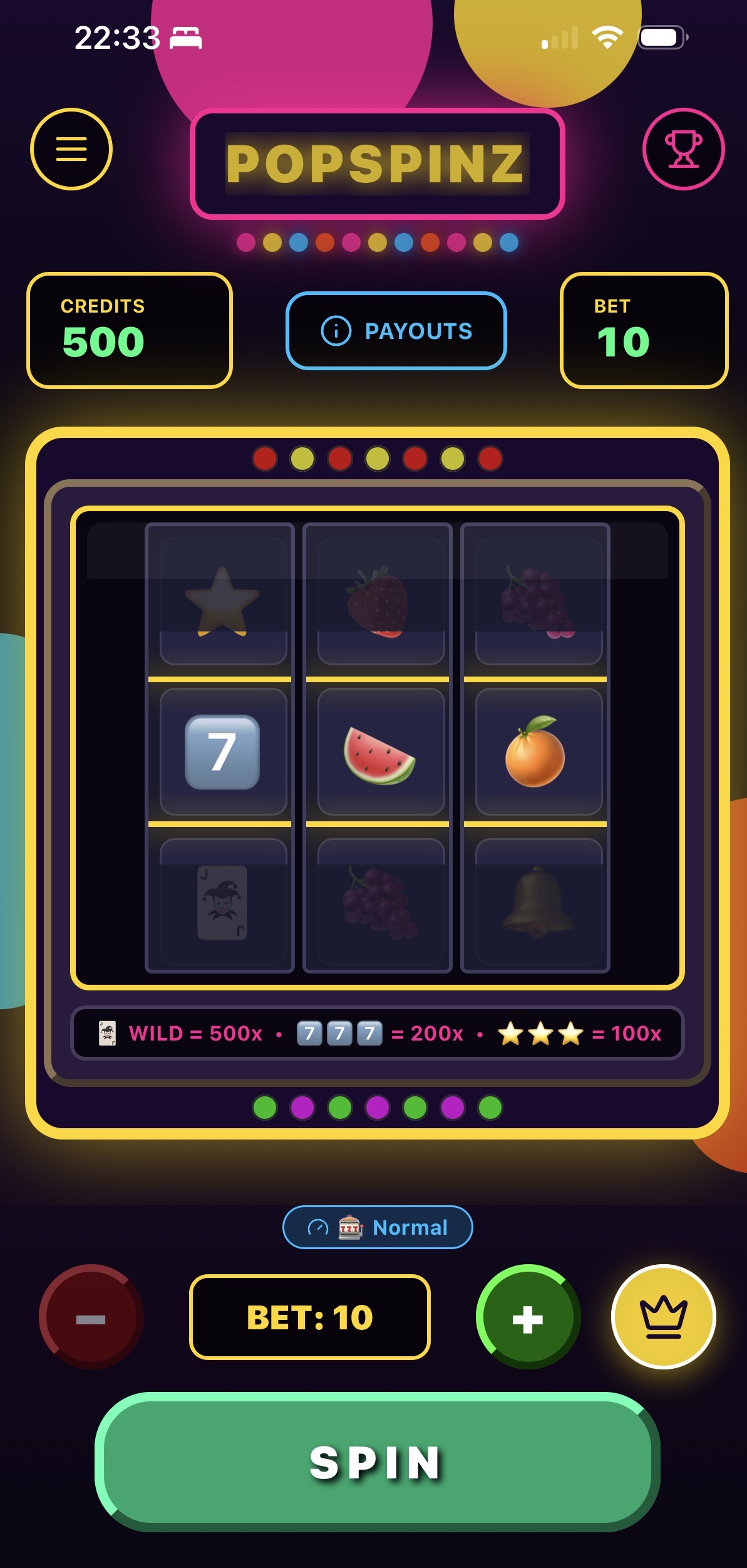 PopSpinz main slot game screen with 3x3 fruit reel grid, spin button, credits and bet controls