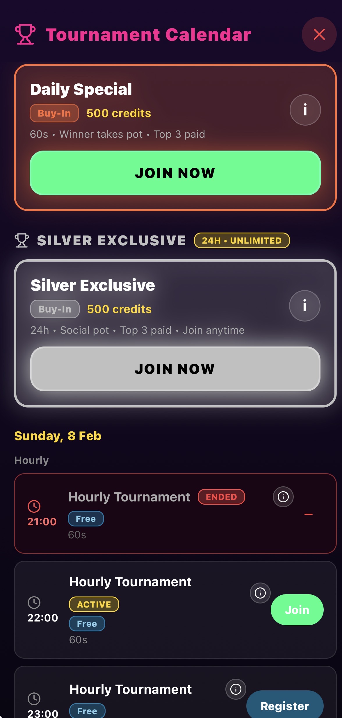 PopSpinz tournament calendar showing Daily Special and Silver Exclusive tournaments with join buttons