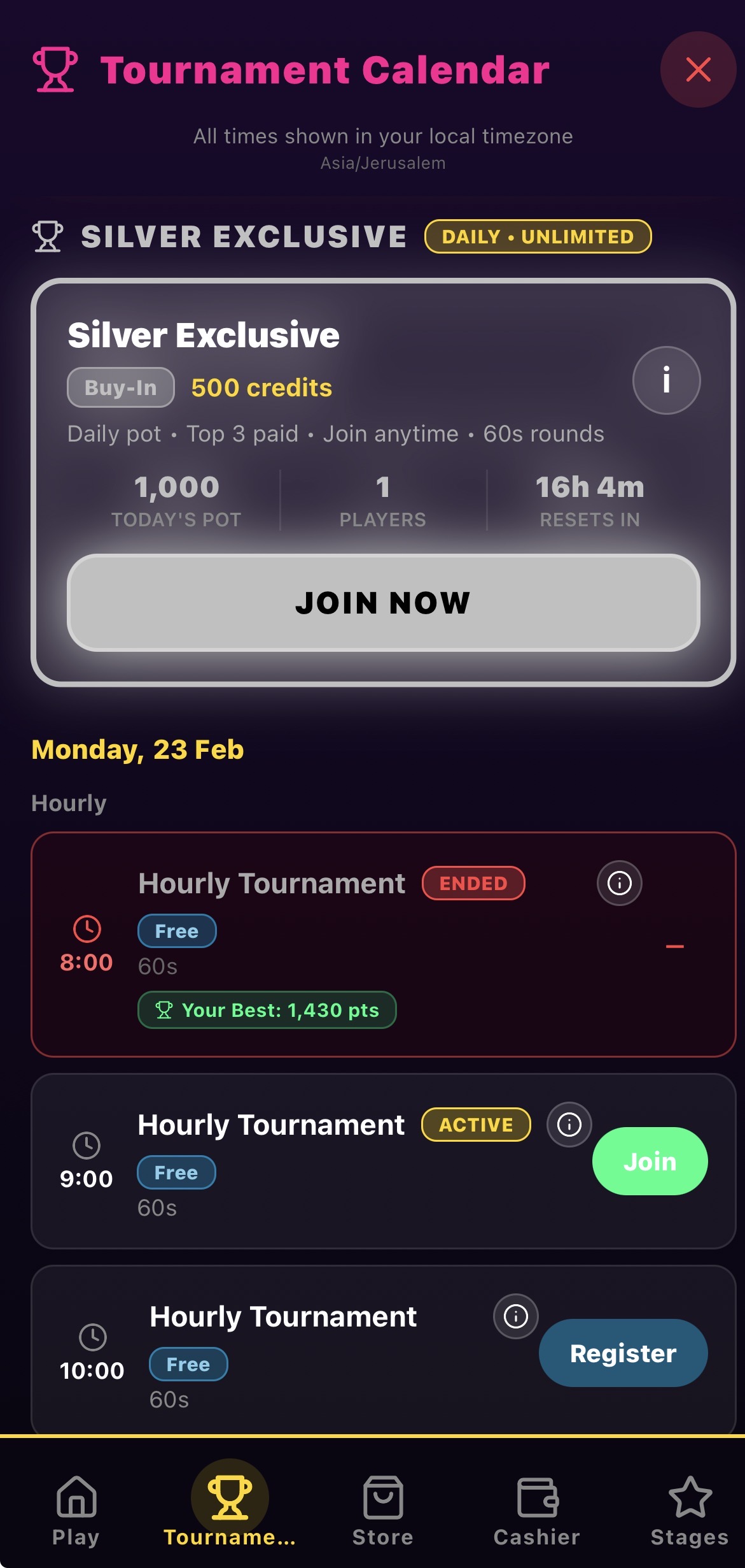 PopSpinz tournament calendar showing Silver Exclusive daily tournament with buy-in, hourly free tournaments, and join buttons