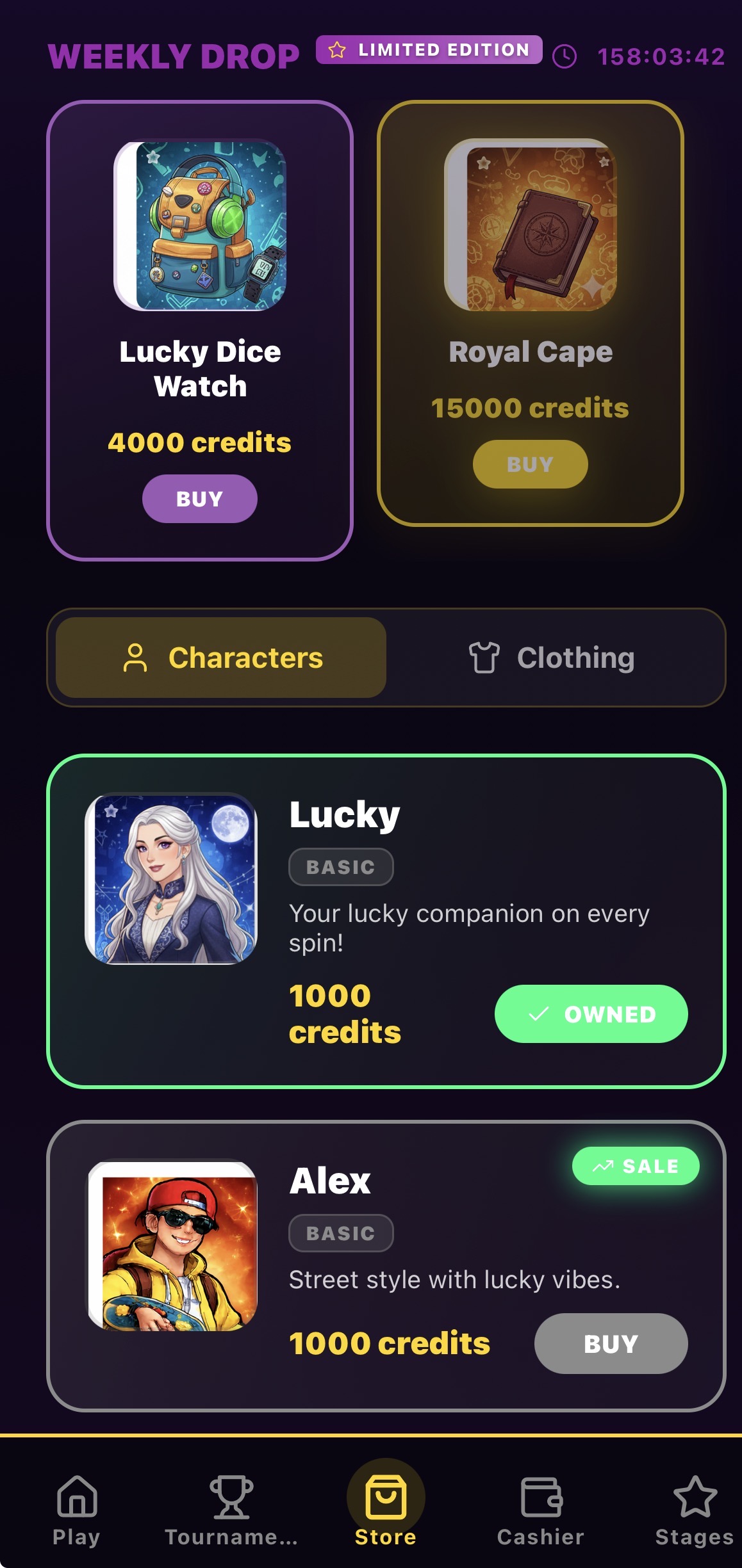 PopSpinz store with weekly drop limited edition items, character and clothing tabs, and purchasable characters